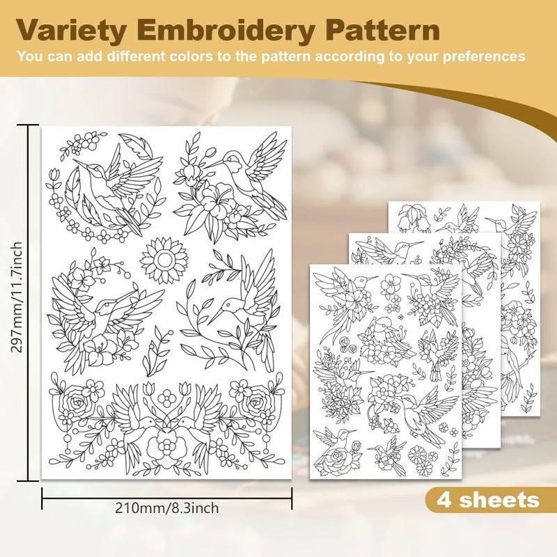 DOODLREAM 23Pcs Hummingbird and Flower Embroidery Pattern Stabilizer, 8.3"x11.7" Bird Water Soluble Stick and Stitch Embroidery Sticker, 4 Sheets Floral Hand Sewing DIY Embroidery Paper - Image 2